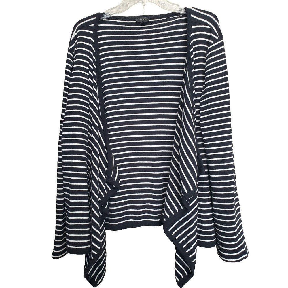 Talbots Cotton Black Striped Open Waterfall Front Long Sleeve Cardigan Size XL